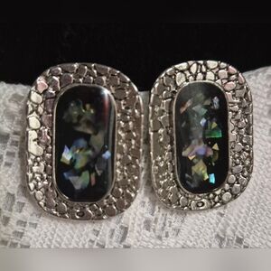 Silver Tone and Black Abalone Clip On Earrings